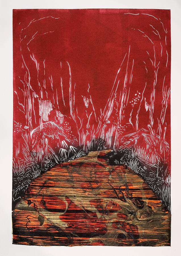 You Are Not Alone (Red), 12" x 18", Relief w. Chine Colle, 2019