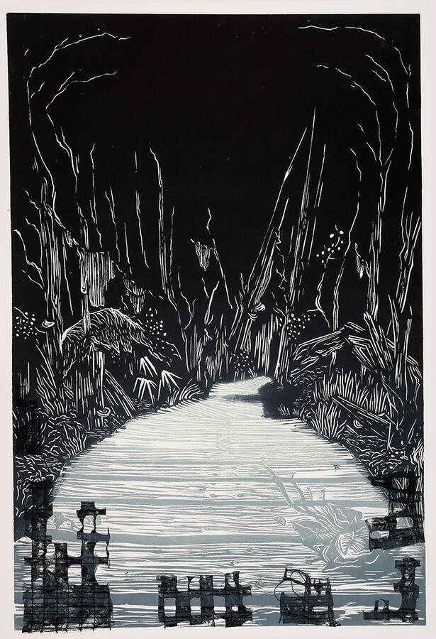 You Are Not Alone (Black), 12" x 18", Relief w. Chine Colle, 2019