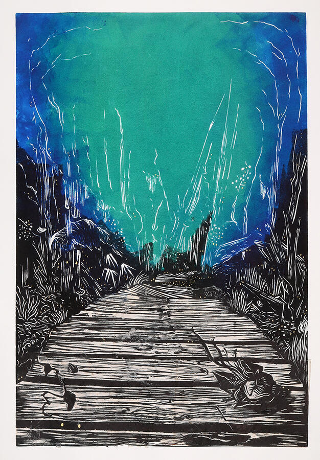 You Are Not Alone (Blue), 12" x 18", Relief w. Chine Colle, 2019